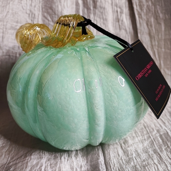 Christian Siriano Art Glass Spun Gold Stalk Pumpkin Fall Green Jadeite Gold NWT - Picture 5 of 14